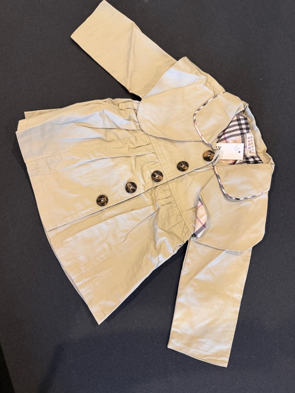 Girls Beige Trench Coat with Plaid Trim